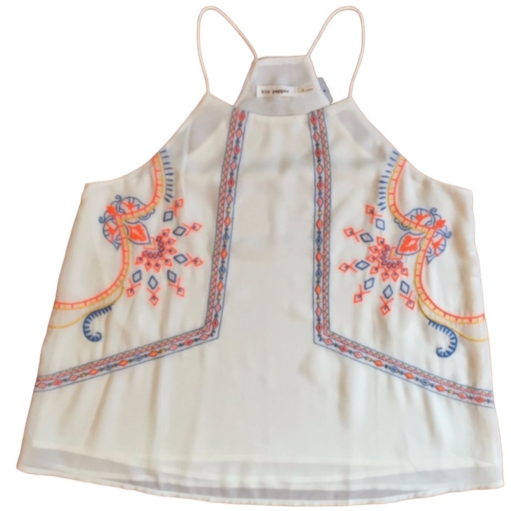 Blu Pepper Ivory Lined Spaghetti Strap Tank Bright Boho Embroidery Medium